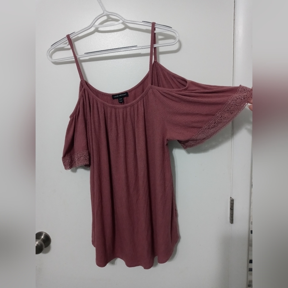 Lane Bryant Rose pink off the shoulder ribbed loose fit blouse w lace trim 14/16
